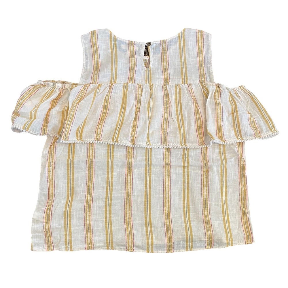 Lauren Conrad Women L Top Cold Shoulder 100% Cotton Striped Beige Pom-Pom Trim - Picture 5 of 7